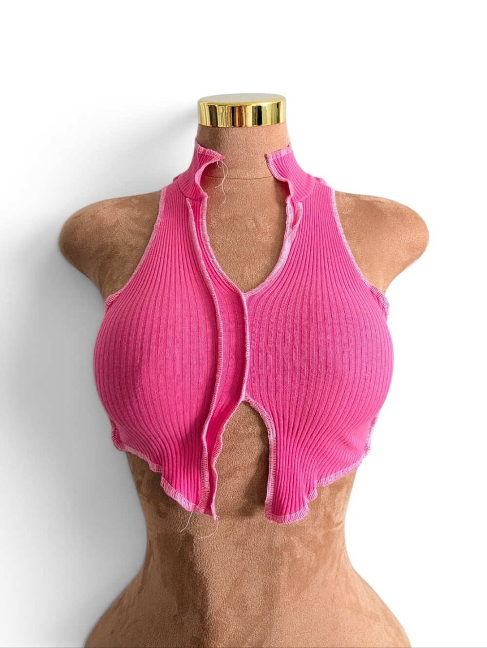 Barbiecore Hot Pink Ribbed Contrast Seam Cut-Out Crop Top